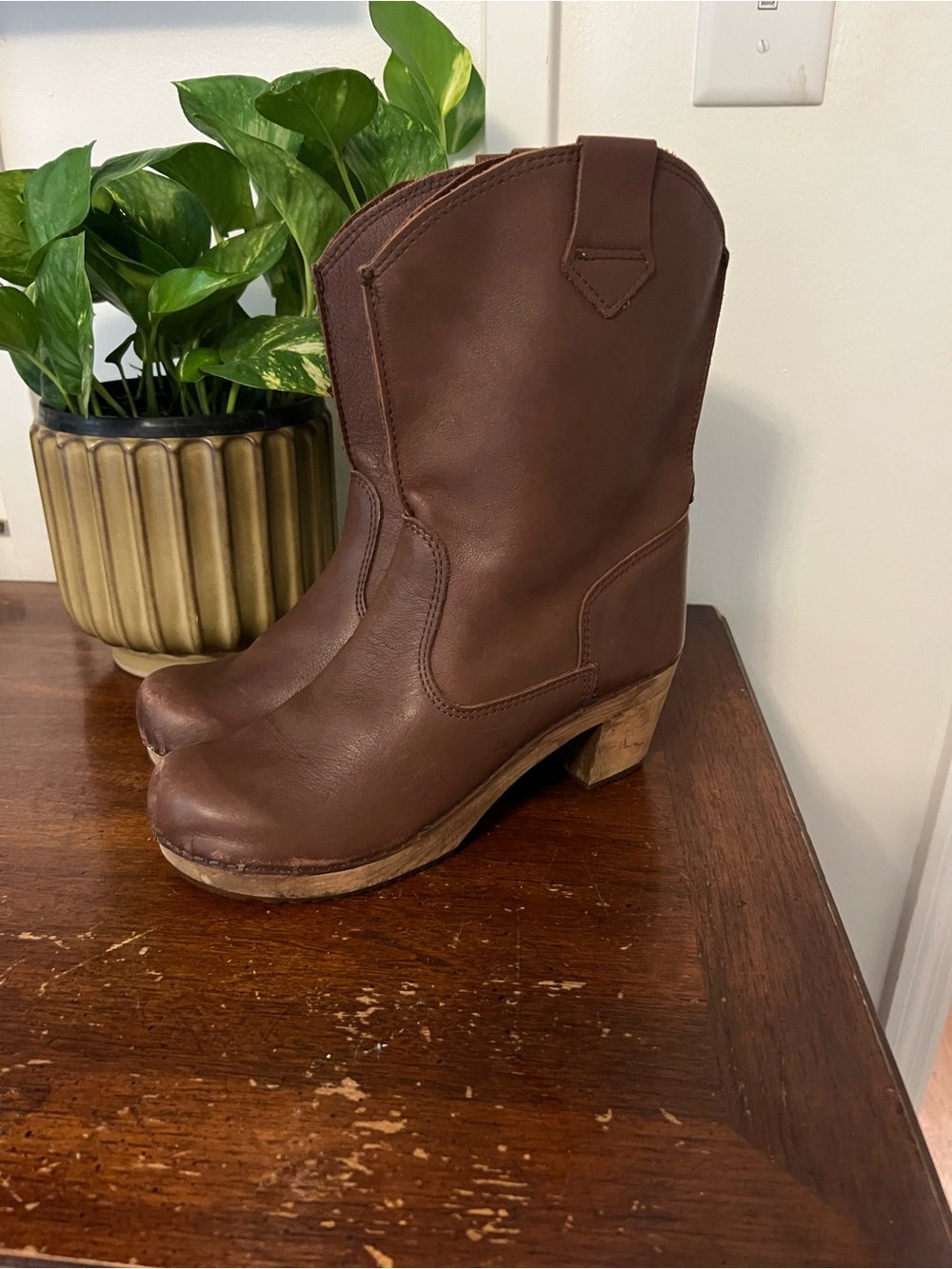 Sanita Brown Leather clog Mid-Calf Heeled Boots size 38 (US 7.5)